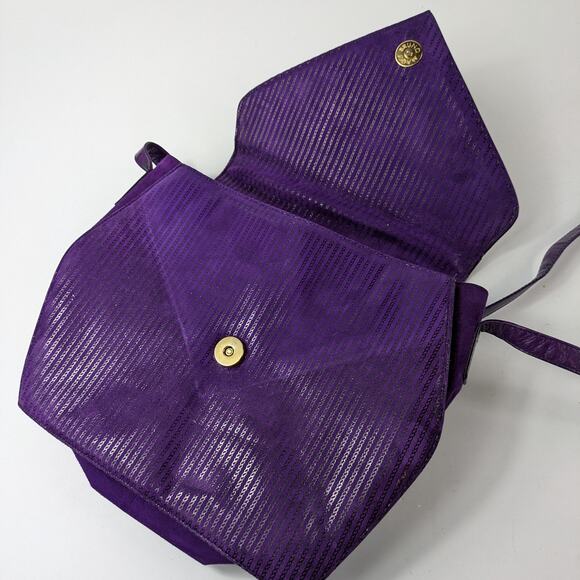 Bruno Magli Purple Purse Italian Leather Suede Gold Plum Shoulder Evening Bag - Picture 7 of 16